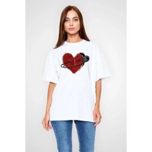 Oada Unisex Bisiklet Yaka Baskılı Oversize T-Shirt - Beyaz