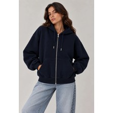 Vadon 1048 Kadın Fermuarlı Kapüşonlu Kanguru Cepli 3 Iplik Pamuklu Sweatshirt Lacivert