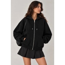 Vadon 1048 Kadın Fermuarlı Kapüşonlu Kanguru Cepli 3 Iplik Pamuklu Sweatshirt Siyah