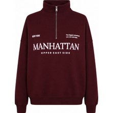 Trender Manhattan Baskı Yarım Fermuarlı Vişne Kadın Sweatshirt 27KDT1000023