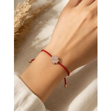 Beatis Kırmızı Ipli Zirkon Taşlı Dört Yapraklı Yonca Rose Gold Detaylı Ayarlanabilir Kadın Bileklik