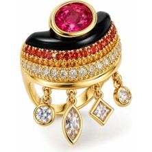 Hector&Co. Jewellery Tasarım Pembe Taşlı Sallantılı Statement Yüzük – Altın Kaplama