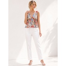 Bellea Collection Çiçek Desenli V Yaka Beli Lastikli Peplum Bluz