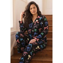 Siyah İnci Desenli Termal Kumaşlı Ultra Soft Yumuşak Büyük Beden Battal Boy Düğmeli Örme Pijama Takımı 26226504