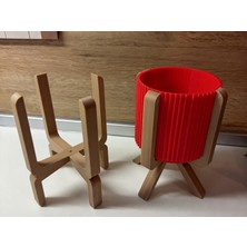 Brf Store Canarino Ayaklı Çizgili Saksı – 3D Baskı Bej Standlı Dekoratif Saksı - Kırmızı