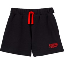 Brf Store Canarino Benetton Kız Çocuk SIYAH%100 Pamuk Stranger Things Baskılı Kontrast Dikişli Şort