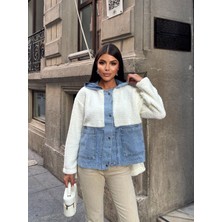 Esra Butik Kadın %100 Pamuk Kapüşonlu Çıtçıtlı Denim Detaylı Peluş Ceket – Oversize Günlük Mont