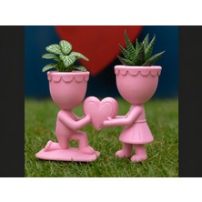 Brf Store Canarino Aşk Saksısı – 3D Baskı Kalp Tutan Çift Figürlü Dekoratif Saksı - Pembe