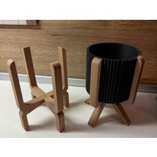 Brf Store Canarino Ayaklı Çizgili Saksı – 3D Baskı Bej Standlı Dekoratif Saksı - Siyah