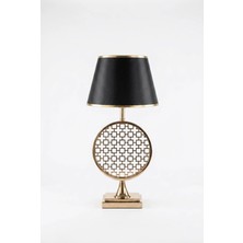 Luminzo Promes Gold Luxury Series Siyah Başlık Yuvarlak Kare Desen Detaylı Tasarım Metal Abajur Premium Tasarım Masa Lambası Aydınlatma