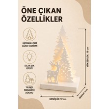 Eb Studio Beyaz Işıklı Geyikli Çam Ağacı Yılbaşı Dekoru 19 cm Masaüstü Masa Süsü