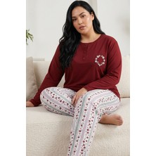 Siyah İnci Nakışlı Düğmeli Pamuklu Likralı Büyük Beden Battal Boy Örme Pijama Takım 26240948
