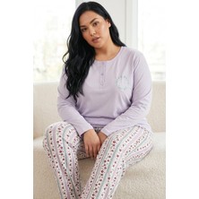Siyah İnci Nakışlı Düğmeli Pamuklu Likralı Büyük Beden Battal Boy Örme Pijama TAKIM26240950