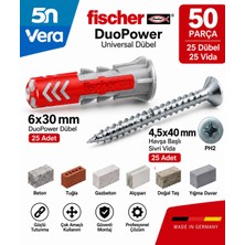 Fischer Duopower 6X30 mm Universal Dübel + 4,5X40 mm Havşa Başlı Sivri Vida Seti | 25+25 Adet, 50 Parça Beton Tuğla Duvar Sabitleme Montaj Seti