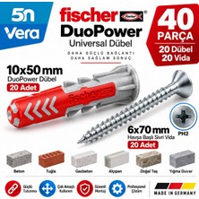 Fischer Duopower 10X50 mm Universal Dübel + 6X70 mm Havşa Başlı Sivri Vida Seti | 20+20 Adet, 40 Parça Beton Tuğla Duvar Montaj Seti