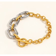 Velund Titanyum Çelik Gold Silver Toggle Bileklik