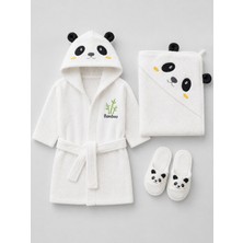Lilliy %100 Pamuk Yeni Doğan Bebek Bornoz Seti 3 Parça Panda Desenli Bambu Figürlü 0-24 Ay