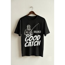 La Bjorn Oversize Unisex Siyah Balıkçı Good Catch Baskılı Avcı Tişört