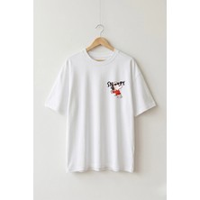 La Bjorn Oversize Unisex Beyaz Gözlüklü Snoopy Çizgi Film Karakter Tasarım Tişört