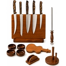 CH woodline 5’li Profesyonel Şef Bıçak Seti (4116 Alman Çeliği) + Epoksi Mıknatıslı Stand ve 4140 Çelik Masat – Nusret, Santoku, Gyuto, Ekmek ve Utility Bıçağı | Ceviz Kase & Havlu Peçete Dahil