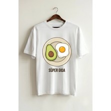 La Bjorn Unisex Beyaz Süper Gıda Avokado Yumurta Baskılı Oversize Tişört