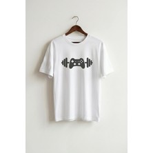 La Bjorn Unisex Beyaz Halter Kalp Ritmi Baskılı Fitness Sporcu Oversize Tişört