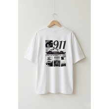 La Bjorn Oversize Unisex Beyaz 911 Turbo Araba Ön-Arka Grafik Baskılı Jdm Tasarım Tişört