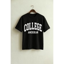 La Bjorn Oversize Unisex Siyah College Amerikan Baskılı Vintage Kolej Tişört