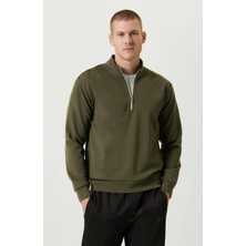 Tarz Yeri Erkek 3 Iplik Pamuklu Uzun Kol Yarım Farmuarlı Yakalı Sweatshirt - - Haki