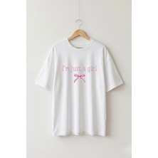 La Bjorn Oversize Unisex Beyaz I'm Just A Girl Fiyonk Baskılı Tişört