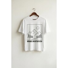 La Bjorn Oversize Unisex Beyaz Minimal Mountain View Dağ Baskılı Tişört