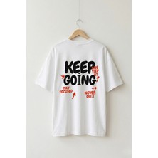 La Bjorn Oversize Unisex Beyaz Önlü Arkalı Keep Going Baskılı Tişört