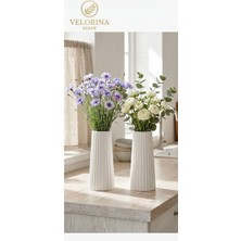 Velorina Dekoratif Modern Çizgili Beyaz Taş Tozu Vazo (Çiçekler Dahil Değildir)