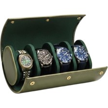 Özkaya Store 4’lü Deri Saat Kutusu Silindir Tasarım Taşınabilir Saat Saklama Organizer 24X11X7 cm (Haki)