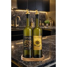 Özkaya Store Zeytinyağı ve Ayçiçek Yağı Şişesi Seti, Altın Etiket ve Yağdanlık Aparatlı, Ahşap Standlı 750 Ml, 2 Adet, Yeşil Cam Şişe (Standlı, Altın)