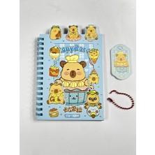 OEM 3'ü 1 Arada Spiral Defter Capybara 11X16.5 cm Sticker Defteri Mavi