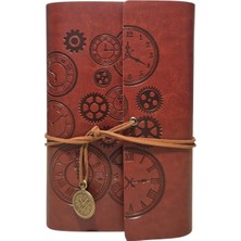 Özkaya Store Retro Vintage Saat ve Çark Baskılı Saat Kolye Uçlu Deri Kapaklı Günlük Not Defteri Zamanın Kıymetini Bilenlere Özel Tasarım Hediyelik Koyu Kahve