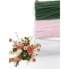 Özkaya Store 100LÜ Tüylü Tel Şönil, 30 cm (40 Adet Yeşil, 30 Adet Pembe, 30 Adet Beyaz, Çiçek Yapımına Uygun) Tek Ebat