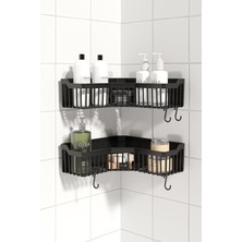 Özkaya Store Banyor Yapışkanlı Banyo Köşeliği Rafı, 2'li Banyo Düzenleyici, Duvar Duş Rafı Banyo Köşe Şampuanlık Siyah