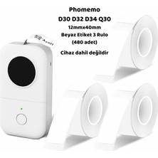 Özkaya Store Phomemo (3 Rulo) 12X40MM/480 Adet Beyaz Etiket D30/Q30