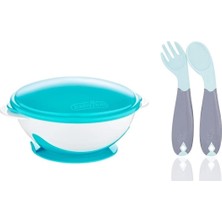 Vakumlu Mama Tabağı ve Açılı Çatal Kaşık Seti Mavi BBK8681049245656MV