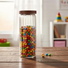 TeknoKapsül Akasya Kapaklı Uzun Çizgili Cam Kavanoz (1250 Ml) | Hava Geçirmez, Modern Fitilli Tasarım Gıda Saklama Kabı | Makarna, Bakliyat, Kahve ve Çay Kavanozu (9X25 Cm)
