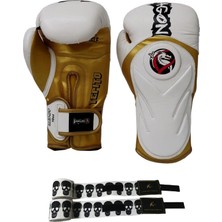 Do Tepito Boks Eldiveni, Muay Thai Kick Boks Eldiveni, 14 Oz, Beyaz-Altın, A3 Store Bandajlı 2'li