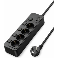 OEM Akım Korumalı Priz, 4'lü Priz Soketi, 4x Fiş Soketi, 2x USB Girişi, 2x Type-C Girişi, Isıya Dayanıklı Yapı, 1.8 Metre Kablo Uzunluğu, Aşırı Gerilim Koruyucu Çoğaltıcı (16A/3680W) (Siyah)