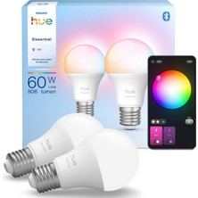 Philips Hue Essential 8W E27 806 Lumen Renkli Akıllı Ampul A60 (2'li Ekopaket)