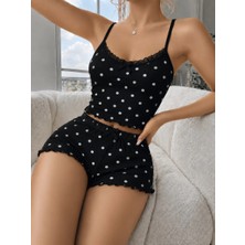 MOTTO10 Butik Kadın Siyah Puantiyeli Dantelli Yumuşak Askılı Şortlu Pijama Takımı 5268