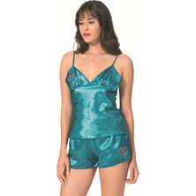 Melonika Petrol Saten Babydoll Şort Takımı Zarif Kadın Gece Giyim