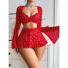 Melonika Özel Tasarım Kalp Desenli Ispanyol Kol Mini Etekli Fantezi Takım
