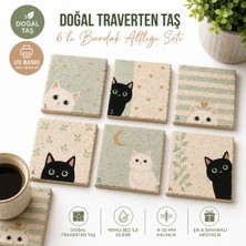 Kids Town 6’lı Doğal Traverten Taş Bardak Altlığı Seti – Kedi Desenli Uv Baskılı Dekoratif Taş Altlık