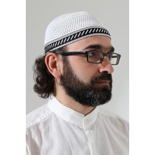 Ayrex Milad Şerit Detaylı Namaz Takkesi, Desenli Makine Örgüsü Takke - Beyaz
